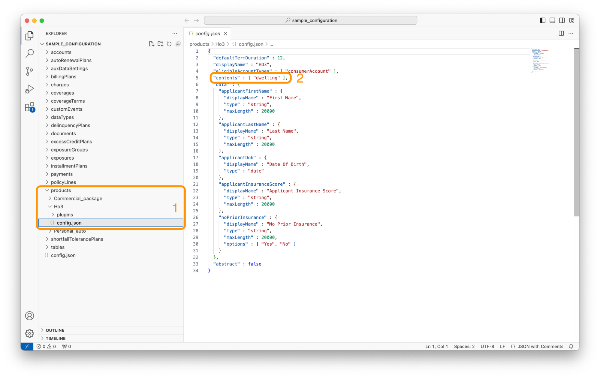 Screenshot of a product element in a tenant configuration in a code editor.