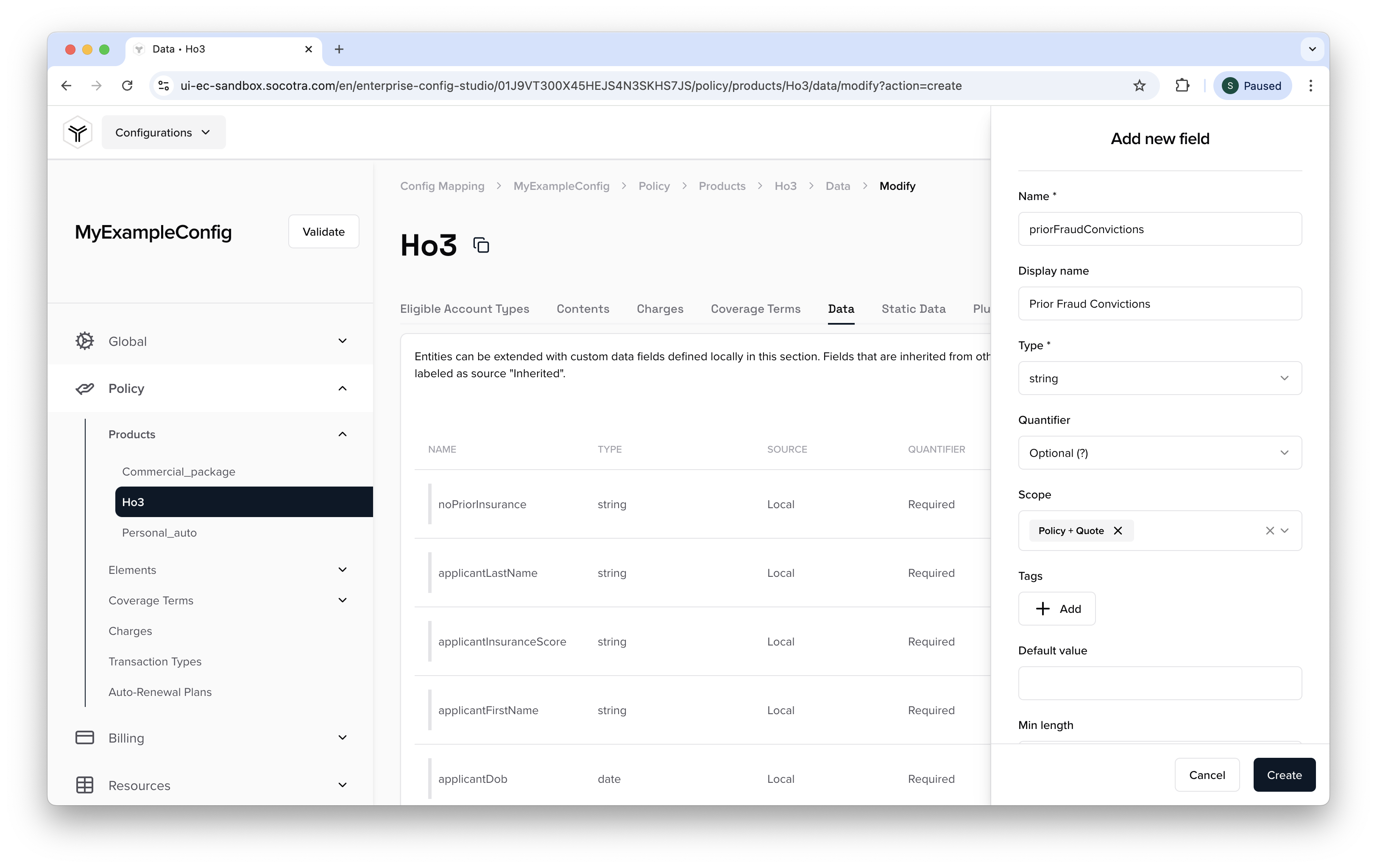 Part 1 of 2, screenshot showing the flyout menu for adding a new data field to a product.