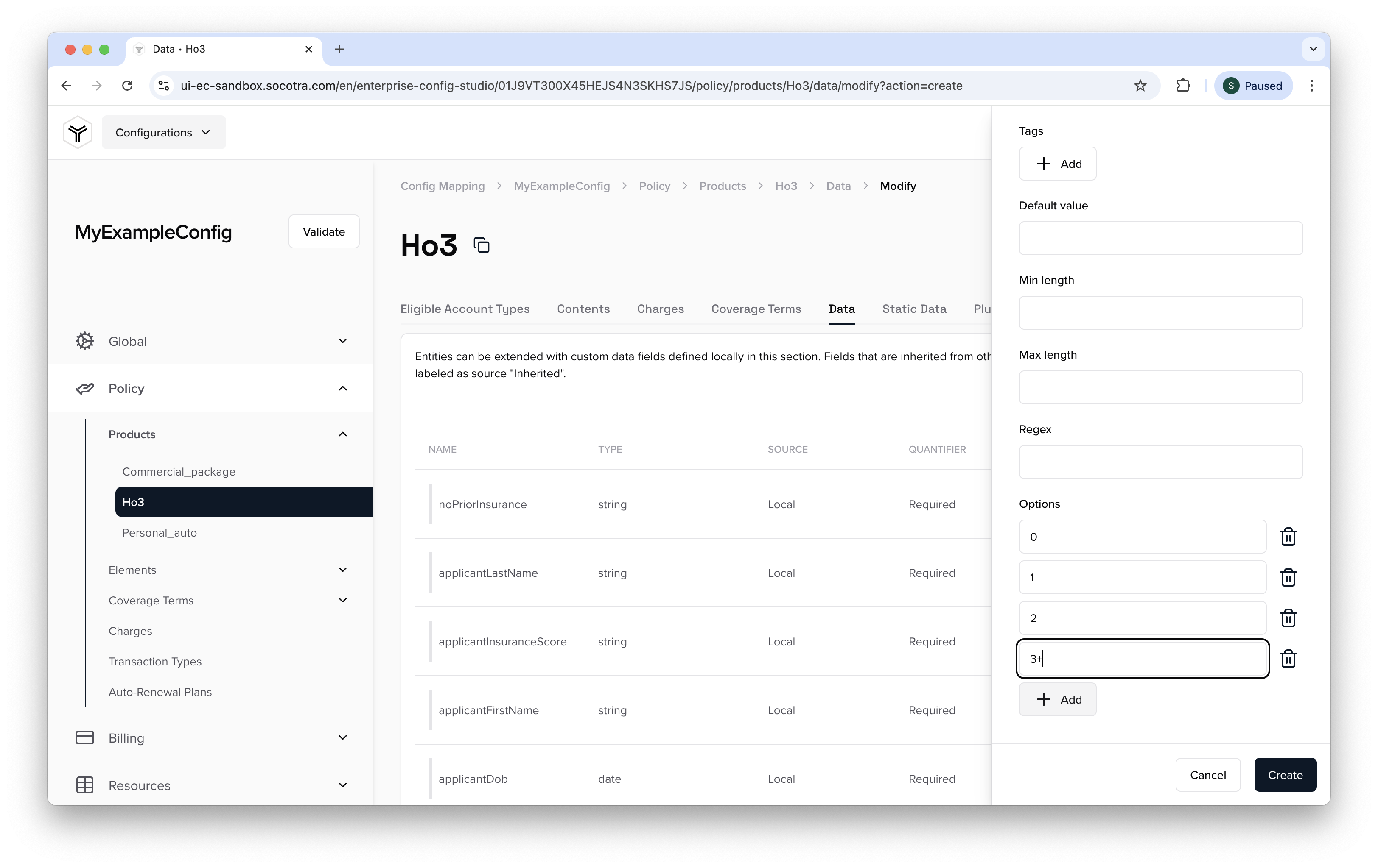 Part 2 of 2, screenshot showing the flyout menu for adding a new data field to a product.