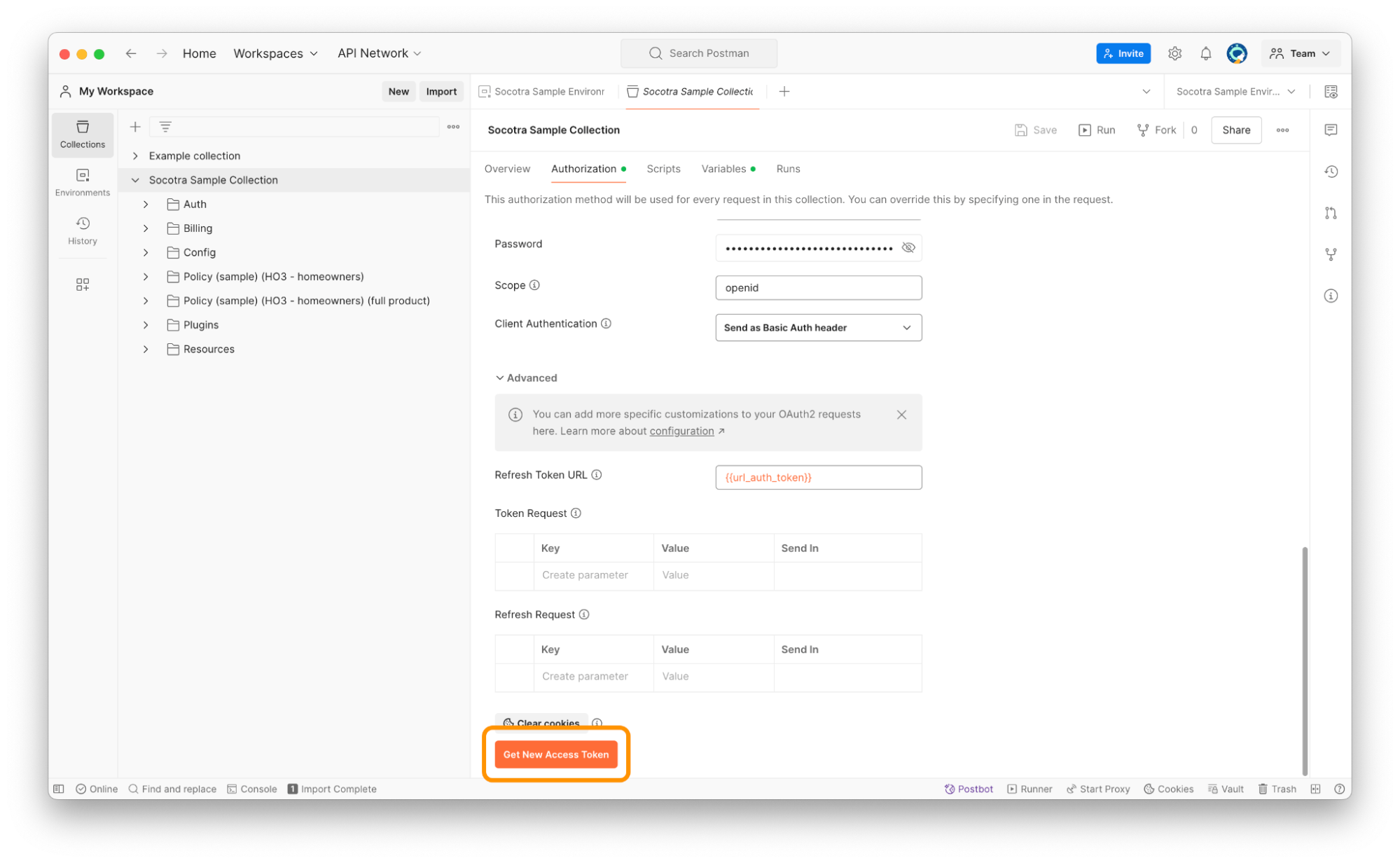 Screenshot calling out the Get New Access Token button in Postman.