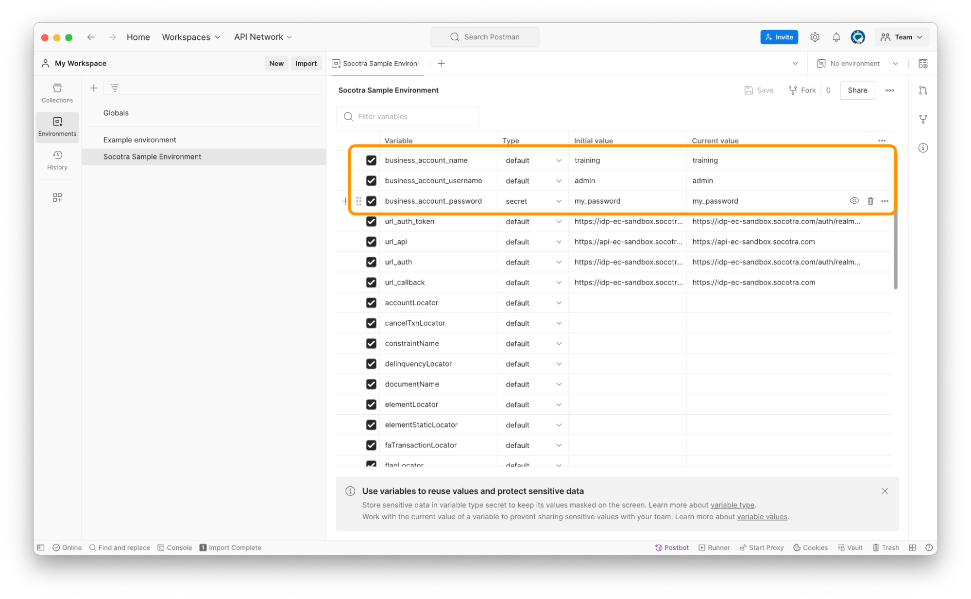 Screenshot of the variables used to get authorization from the Socotra API in Postman.