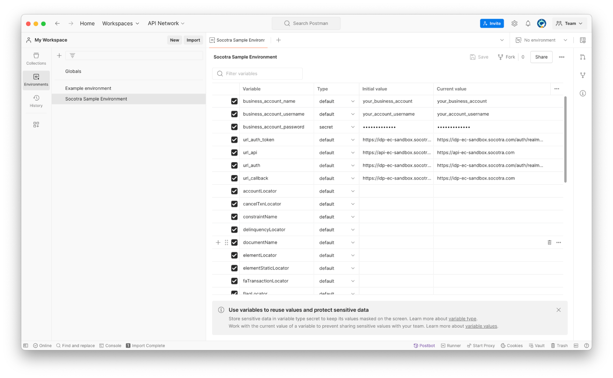 Screenshot of Postman environment variables.