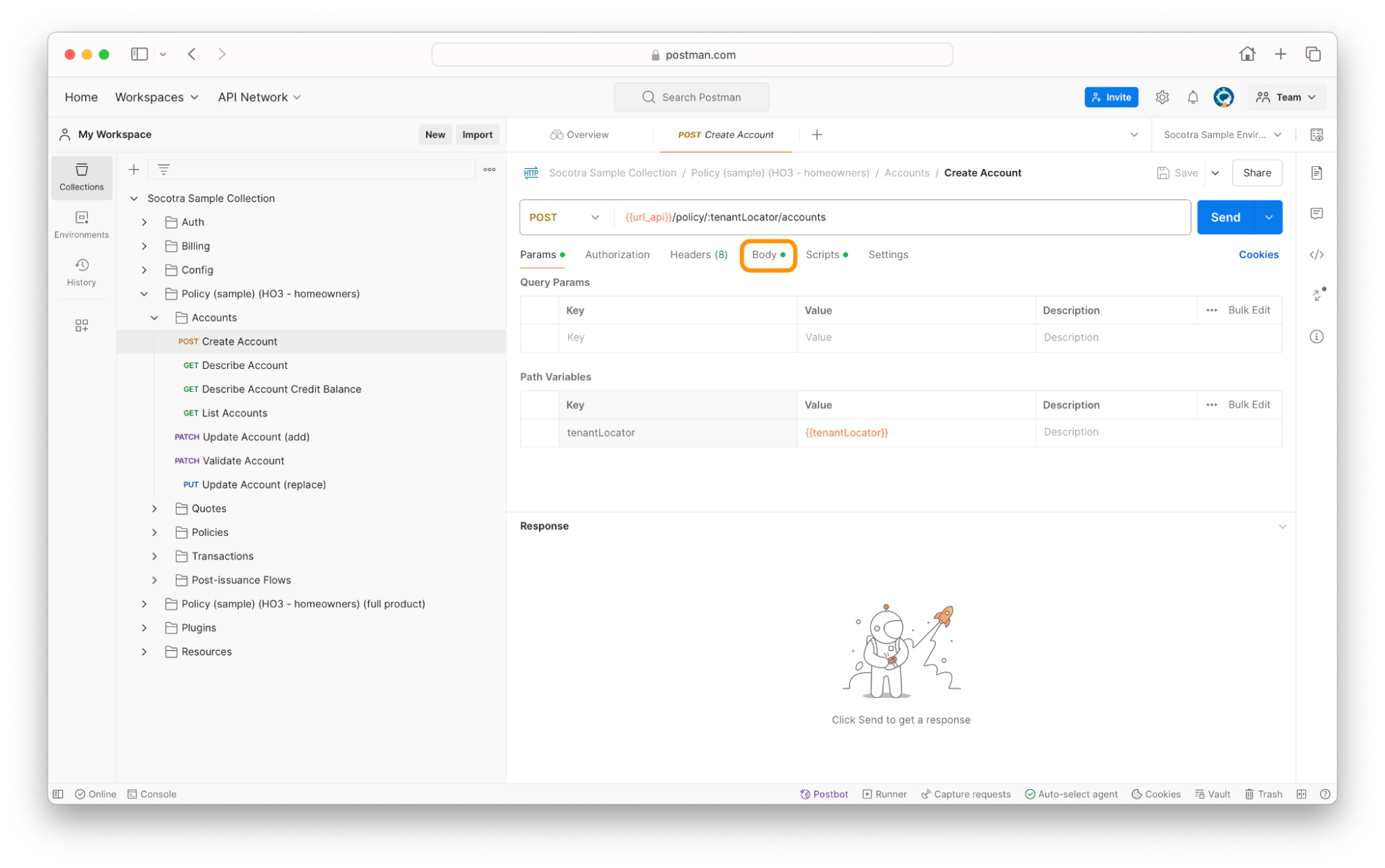 Screenshot calling out the Body tab of the Create Account endpoint in Postman.