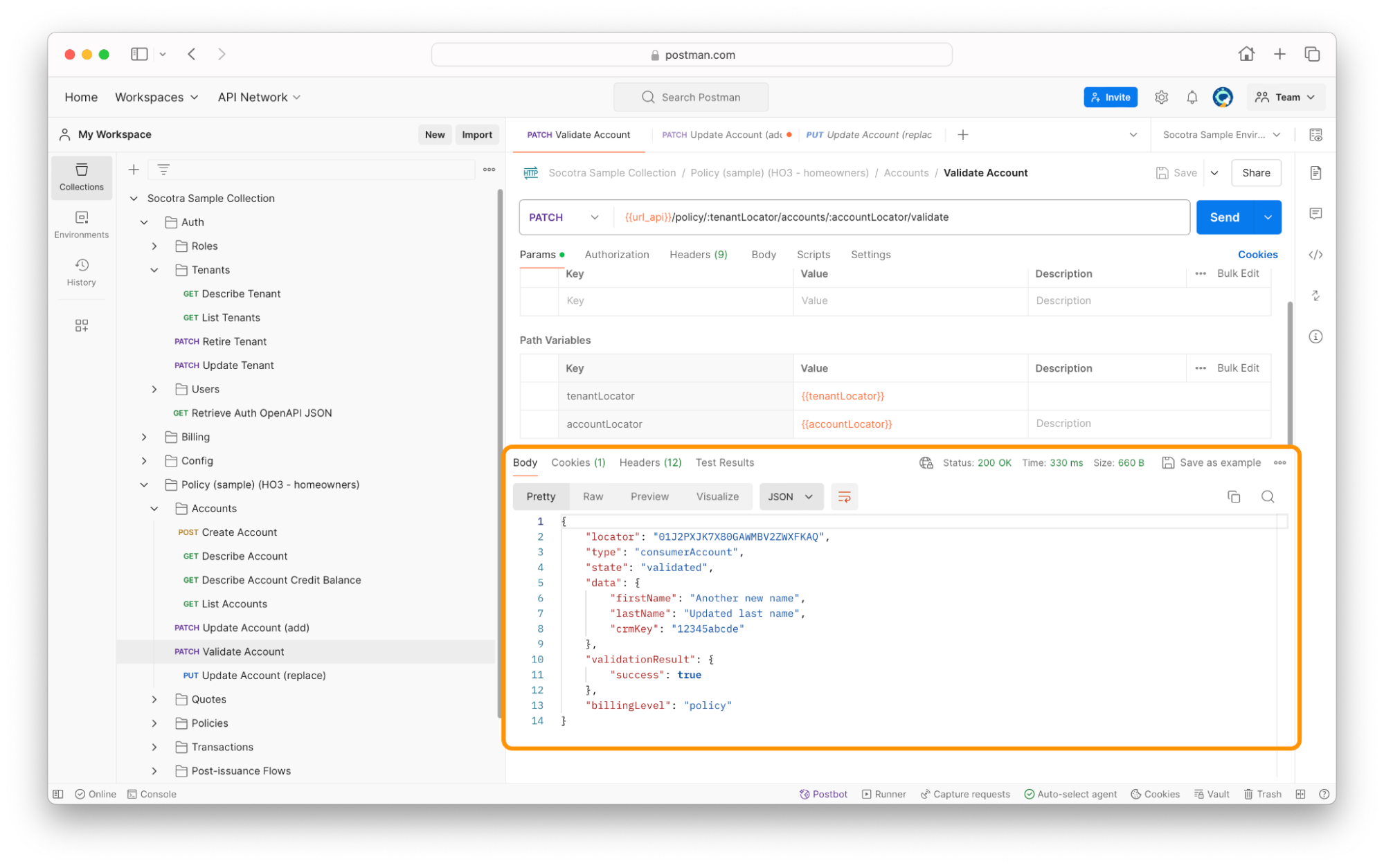 Screenshot of account validation in Postman.