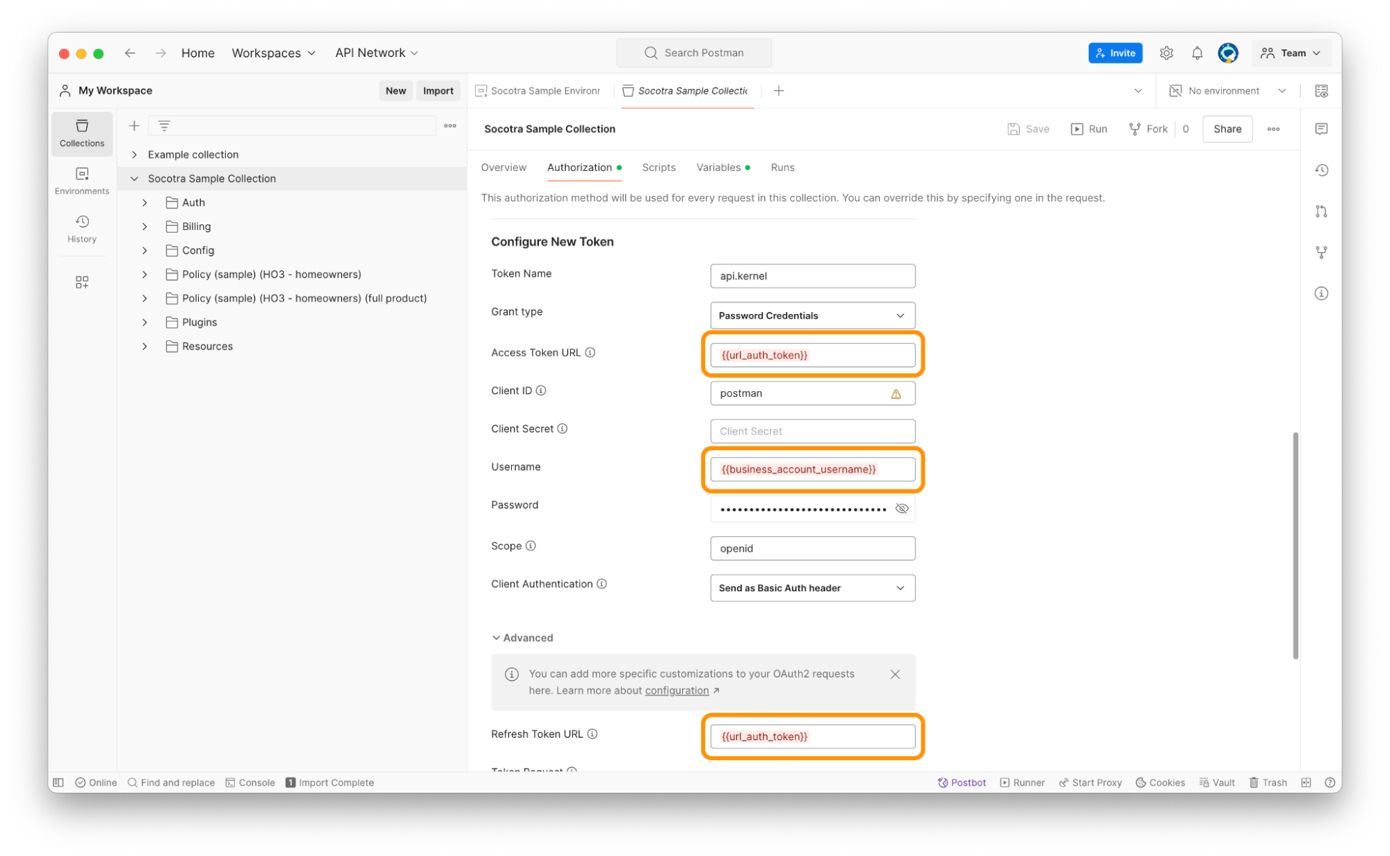 Screenshot calling out variables in red curly braces in Postman.