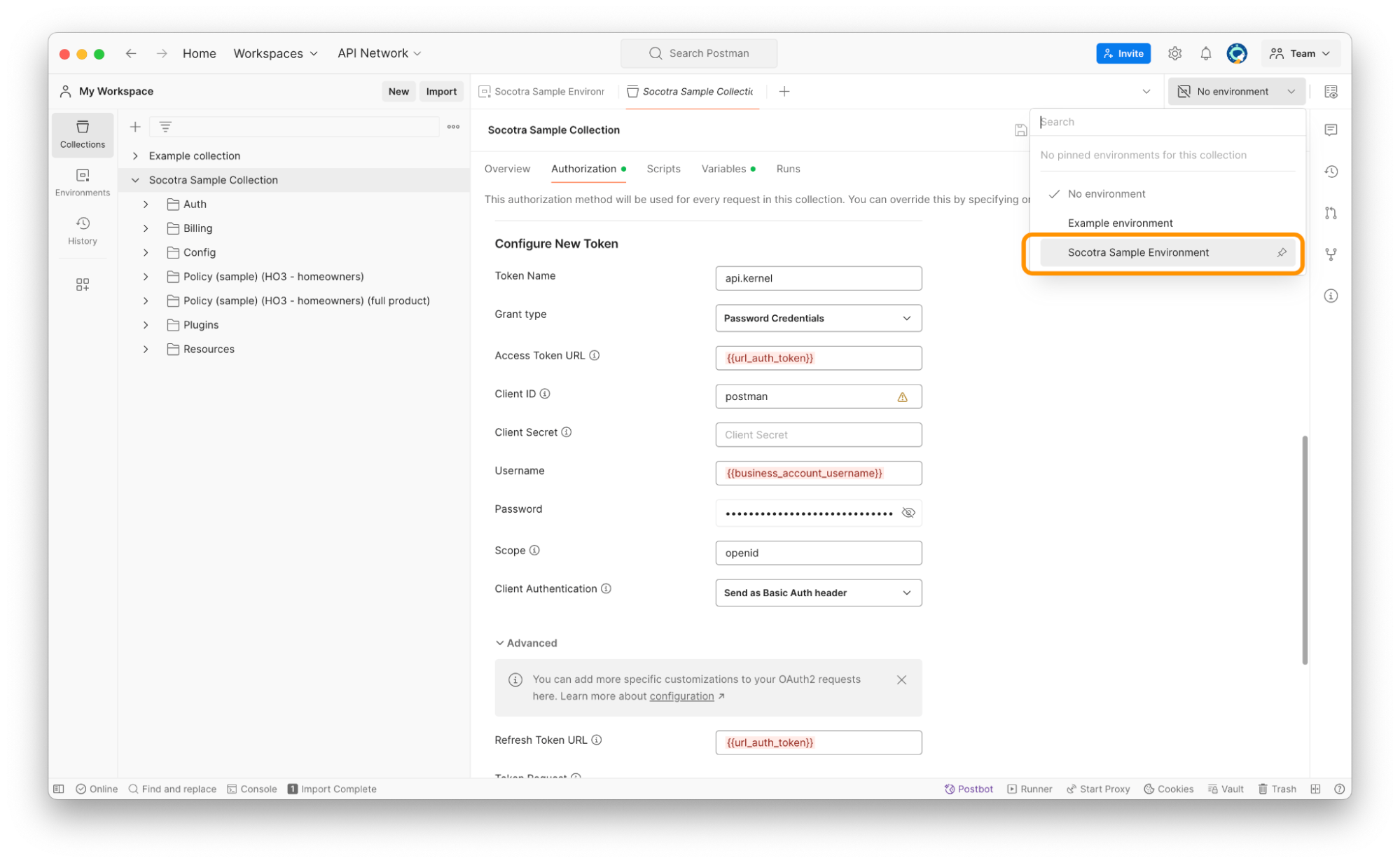 Screenshot showing the environment selection dropdown menu in Postman.