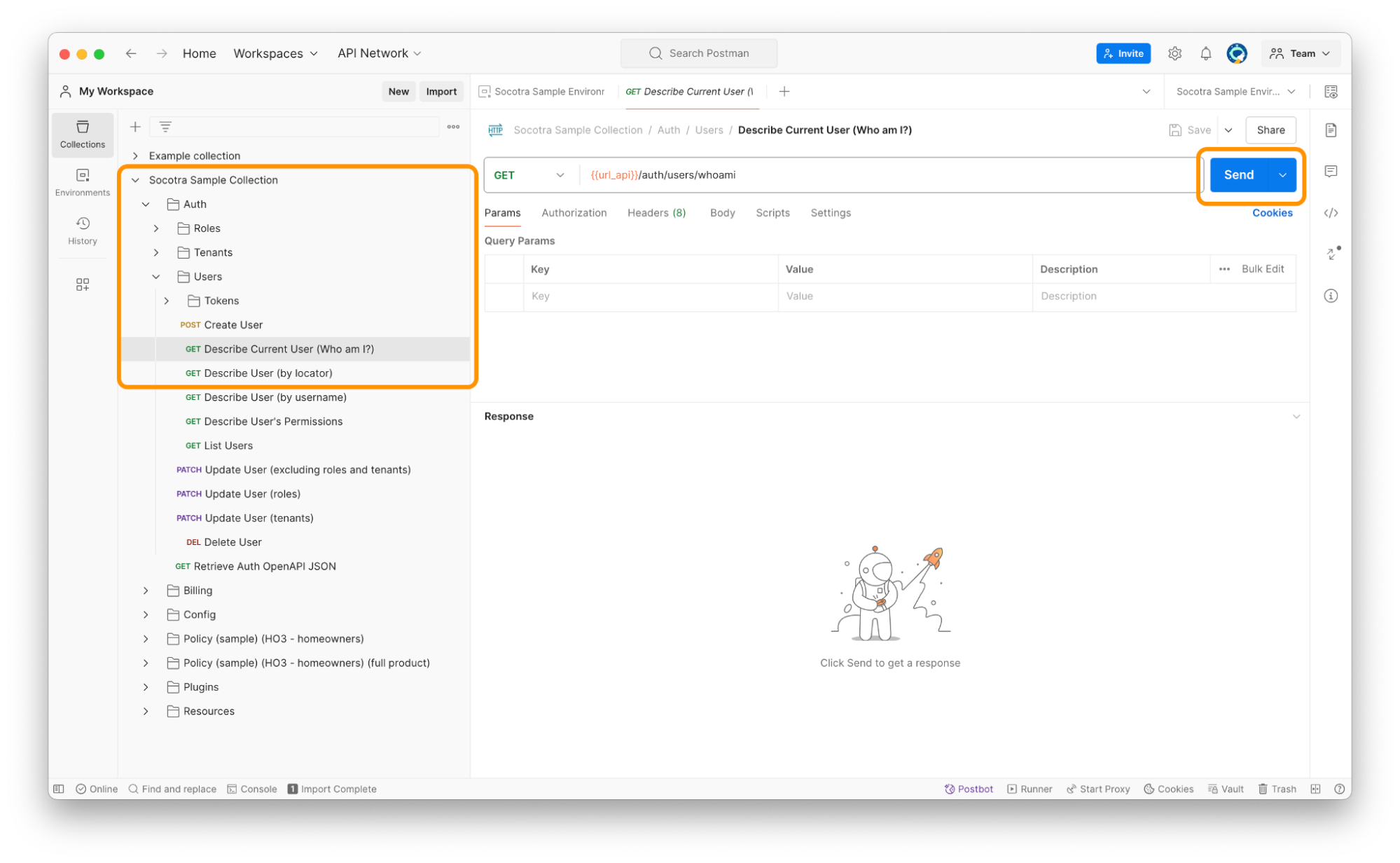 Screenshot of navigating to the Who Am I endpoint of the Socotra API.