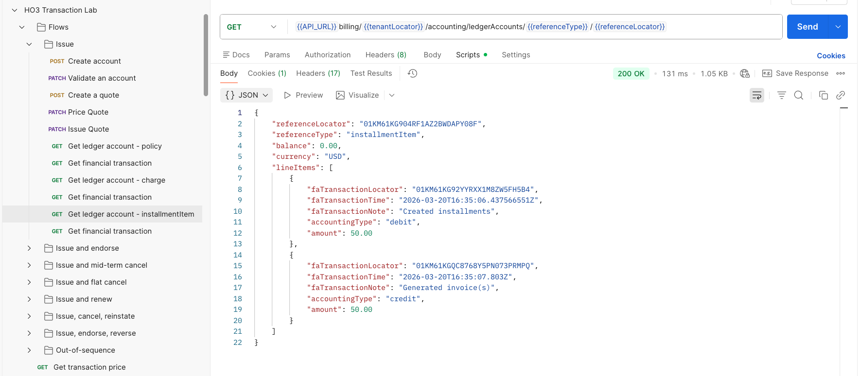 Transaction Lab — installmentItem ledger with debit from B and credit from C