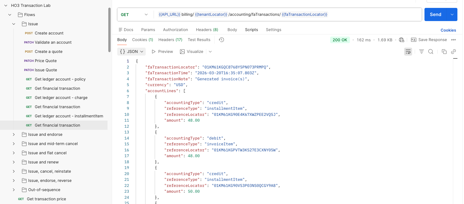 Transaction Lab — financial transaction C credits to installment items and invoice items